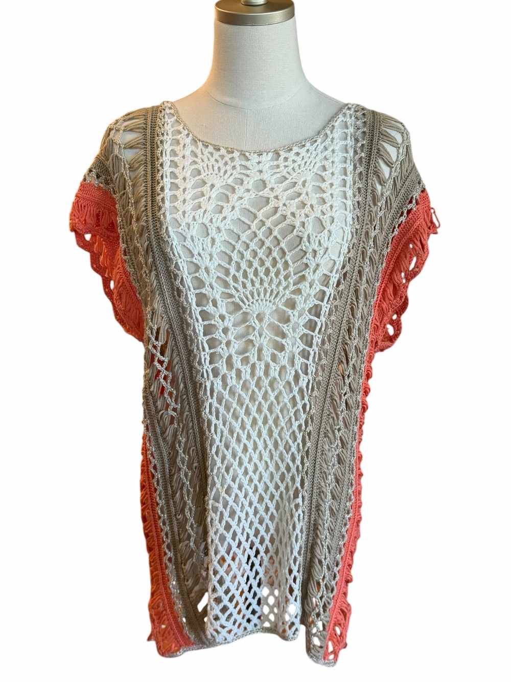 Chicos Womens Beach Boho Open Knit Crochet Top Size M/L Coastal Grandma Cottage